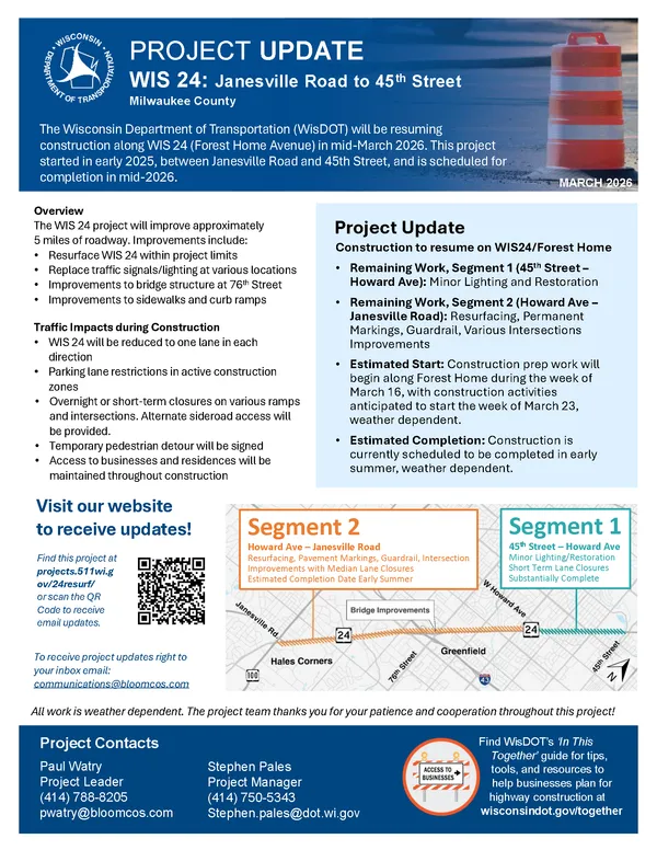 Highway 24 resurfacing in Milwaukee County resumes mid-March 2026, with lane reductions and signal work